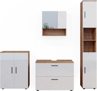 Vicco Conjunto De Muebles De Ba&ntilde;o Irma, Blanco Brillo Intenso/roble Dorado, 4 Piezas, Con Cajonera Y Mueble Alto