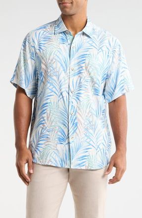 Tommy Bahama Palm Dancer Leaf Print Short Sleeve Silk Button-Up Shirt in Banff Blue at Nordstrom, Size 3Xlt