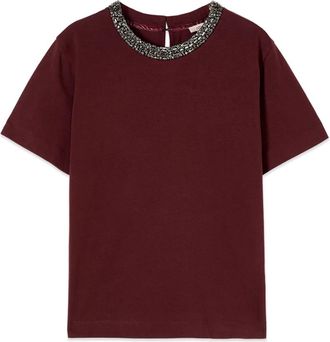Oltre Katoenen T-shirt met ronde hals met sierstenen - Dames - T-shirts - Rood - L - Katoen - Tops