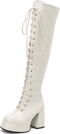 Generic Womens Lace Up Over The Knee Boots with Side Zipper Patent Leather Thigh High Boots Block High Heel Platform Shoes for Party Prom,White,7.5 UK