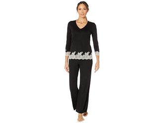 Natori Luxe Shangri-La Long Sleeve PJ Set Womens Pajama Sets Black/Cocoon Lace : M (Womens 10-12), Polyester/Modal/Lace