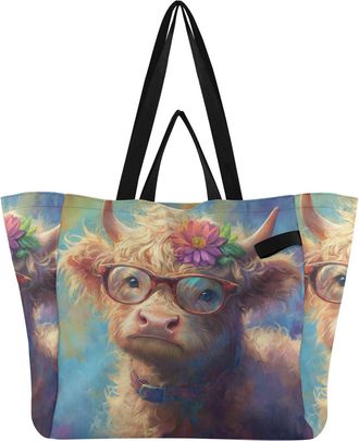 Generic Cow Colorful Flowers pattern Reusable Canvas Tote Bag, Heavy Duty Grocery Shopping Bag with Hard Bottom Double Handles Large Capacity Work Groceries T
