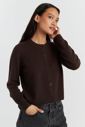 Chinti and Parker Chocolate Wool-Cashmere Crew Neck Cardigan