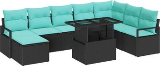 vidaXL Conjunto De Sof&aacute; De Jard&iacute;n 9 Uds. Negro Y Azul Rat&aacute;n Sint&eacute;tico Vidaxl