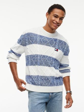 Tommy Hilfiger Mens Tommy Jeans Heathered Cable Knit Sweater - Off White Stripe - L