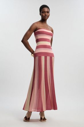 Karen Millen Womens Petite Striped Bardot Knit Maxi Dress - Coral - Size Large
