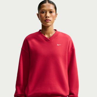 Nike Womens Studio Fleece Medium Weight Oversized V-Neck Top in Red | IQ5763-608