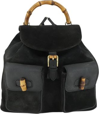 Gucci Vintage Bamboo Backpack Suede Black Suede Backpack Bag (Pre-Owned)