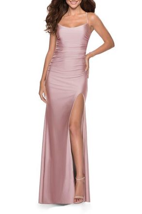 La Femme Long Prom Dress with Tie Up Back Jersey in Mauve at Nordstrom, Size 10