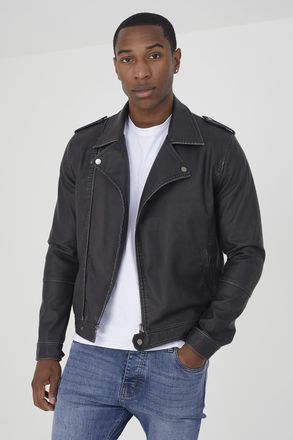 Brave Soul Mens Black Coney Faux Lather Biker Jacket - Size X-Large