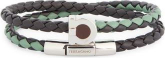 Ferragamo Mens Gancio Braided Leather Wrap Bracelet in Silver/testa Di Moro/seagrass at Nordstrom