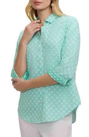 Foxcroft Margie Geo Lattice Three-Quarter Sleeve Button-Up Shirt in Green/White at Nordstrom, Size Medium