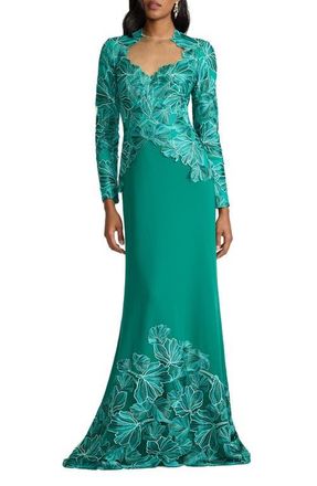 Tadashi Shoji Embroidered Detail Long Sleeve Gown in Emerald at Nordstrom, Size 20