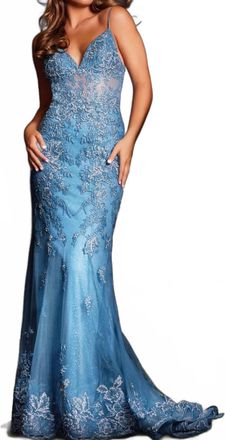 Jovani Beaded Mermaid Prom Gown In Blue