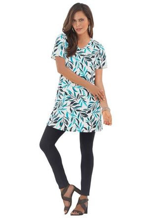 Roaman's Plus Size Ultimate Cotton V-Neck Short Sleeve Tunic in Deep Turquoise Tossed Leaves at Nordstrom, Size Large