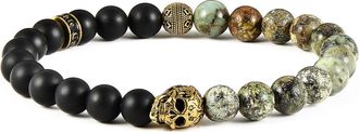Crucible Jewelry Single Gold Skull Stretch Bracelet with 8mm Matte Black Onyx and African Turquoise Onyx Beads