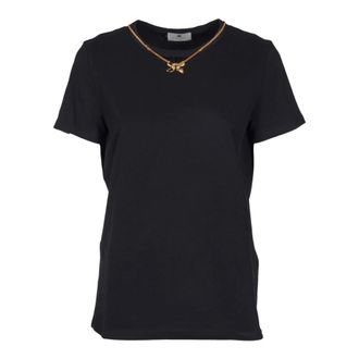 Elisabetta Franchi T-Shirts, female, Black, Size: XL Black Cotton Jersey Short Sleeve T-shirt with Slim Fit