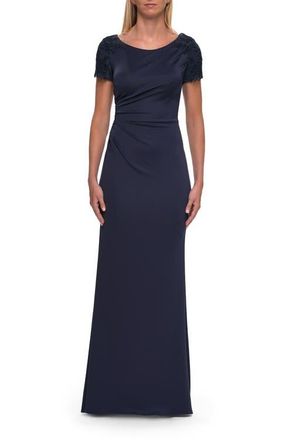 La Femme Short Sleeve Embellished Shoulder Evening Gown in Navy at Nordstrom, Size 20