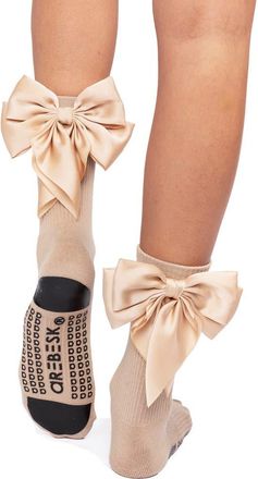 Arebesk Anna Bow No-Slip Grip Crew Socks in Gold at Nordstrom, Size Medium