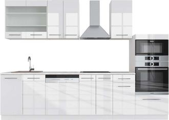 Vicco Mueble De Cocina Fame-line, Blanco Alto Brillo/blanco, 300 Cm Con Armario Alto, Et M&aacute;rmol