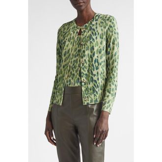 St. John Fine Gauge Leopard Print Wool Blend Cardigan in Olive Multi Animal Print at Nordstrom, Size Medium