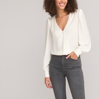 La Redoute Collections Blouse met V-hals, lange mouwen