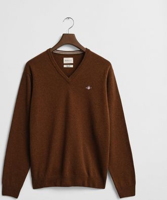GANT Men Superfine Lambswool V-Neck Sweater (4XL) MAHOGANY BROWN