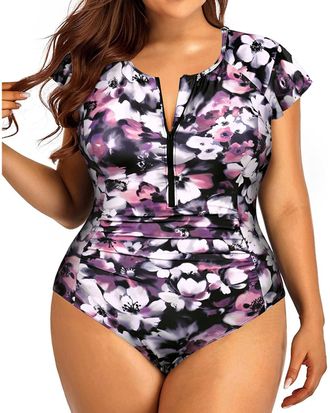 Holipick Plus Size One Piece Swimming Costume for Women Tummy Control Cap Sleeves Bathing Suits Zipper Front Rash Guard Swimwear, Purple Floral, 26 Plus