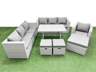 Fimous 10-seater Patio 3 Seater Sofa Armchair Set with 3 Stools in Light Grey