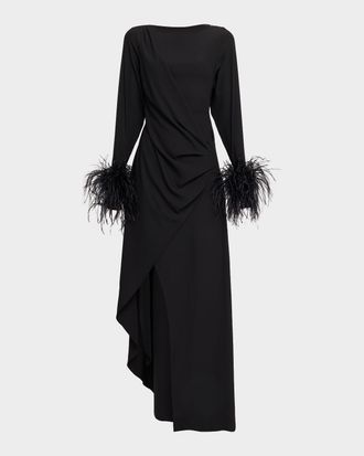 Sally Lapointe Asymmetric Draped Stretch Crepe Maxi Dress With Feather Cuffs
