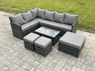 Fimous 9 Seater Rattan Lounge Corner Sofa Set Wicker PE Outdoor Garden Furniture Set with Coffee Table 3 Footstools in Dark Grey