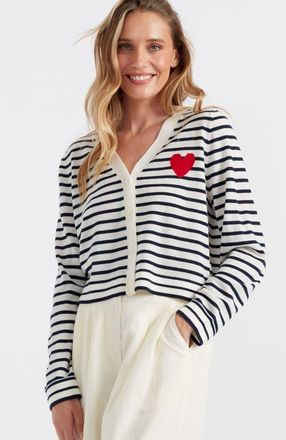 Chinti and Parker Pure Merino Heart Breton Cardigan in Cream/navy/true Red at Nordstrom, Size X-Small