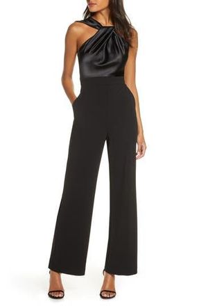 Eliza J Twist Neck Satin & Crepe Jumpsuit in Black at Nordstrom Rack, Size 14