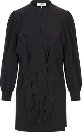 Chlo&eacute; Zwarte Gerimpelde Jurk met Knoopsluiting - Dames - Korte kleedjes - Zwart - XS - Kleedjes