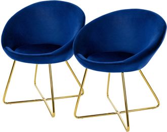 ML Design Ml-design - 2x Sillas De Comedor Ergon&oacute;micas Asiento Tapizado Azul Aspecto Terciopelo Patas De Metal Doradas Con Respaldo Redondo Y Reposabrazos Sill&oacute;