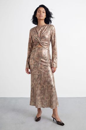 Warehouse Womens Metallic Twist Front Cut Out Bias Cut Midi Dress - Brown - Size 12 UK