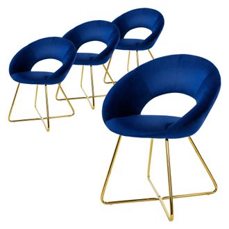 ML Design Ml-design Set 4x Silla De Comedor Azul Ergon&oacute;mica Asiento Tapizado Aspecto Terciopelo Patas De Metal Doradas Con Respaldo Redondo Y Reposabrazos Sill&oacute;