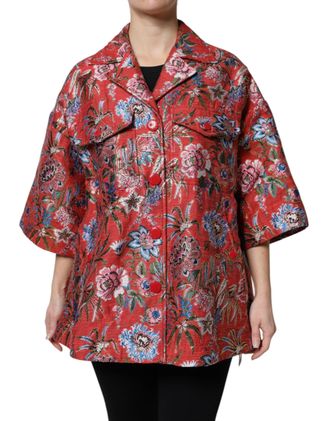 Dolce & Gabbana Womens Red Floral Jacquard Button Down Coat Jacket Clothing