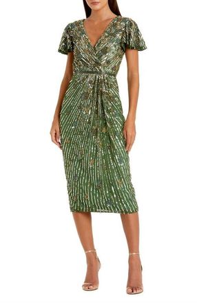 Mac Duggal Womens Embellished Faux Wrap Flutter Sleeve Dress in Sage at Nordstrom, Size 10