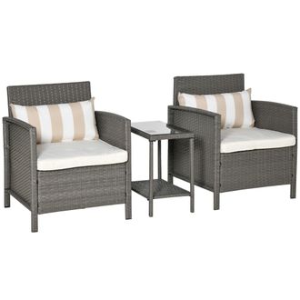 OUTSUNNY 3 PC Outdoor Rattan Sofa Set w/ Chairs Coffee Table Cushion Light Grey | TJ Hughes