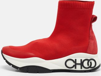 Jimmy Choo London Red Knit Fabric And Suede Raine Sock Sneakers