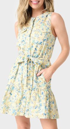 Gibsonlook Wildflower Sleeveless Belted Tiered Dress In Yellow Blue Flax Print