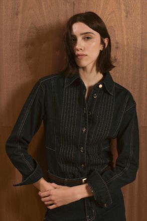 Karen Millen Womens Denim Corset Stitch Detail Shirt - Indigo Blue Cotton - Size 10 UK