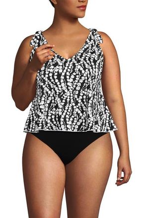Lands End Plus Size Tie Shoulder Flutter Tankini Top in Black/white Vine Floral at Nordstrom, Size 16P