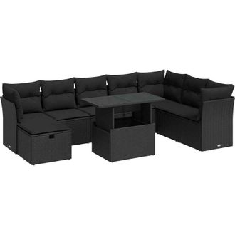 vidaXL Set De Sof&aacute;s De Jard&iacute;n Con Cojines 9 Pzas Rat&aacute;n Sint&eacute;tico Negro