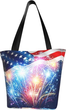 AOOEDM Tote Bag American Flag Colored Fireworks Shopping Bags Small Reusable Market Bag Beach Tote Bags Travel Totes