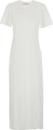 Jucca White Dress With Round Neck And Front Single Slit In Cotton Woman