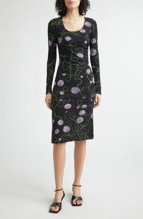 Stella McCartney Twisted Floral Long Sleeve Mesh Body-Con Midi Dress in Black Multicolor at Nordstrom, Size X-Small
