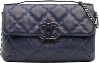 Chanel Pre-owned Mini Double Stitch Hamptons Flap - Dames - Vintage Schoudertas - Blauw - ONE Size - Leer - Vintage