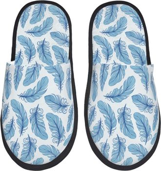 Generic Women Men House Slippers Blue Feather Cotton Slippers Winter Lightweight Plush Slip, For Hotel, Home, Travel, M